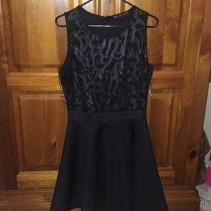 Black scuba sheer front skater dress
